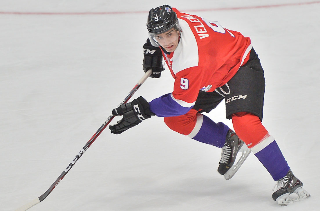 Joe Veleno of the Saint John Sea Dogs represents Team Cherry in the 2018 Sherwin-Williams CHL / NHL Top Prospects Game held in Guelph,ON on Thursday January 25. Photo by Terry Wilson / CHL Images.
