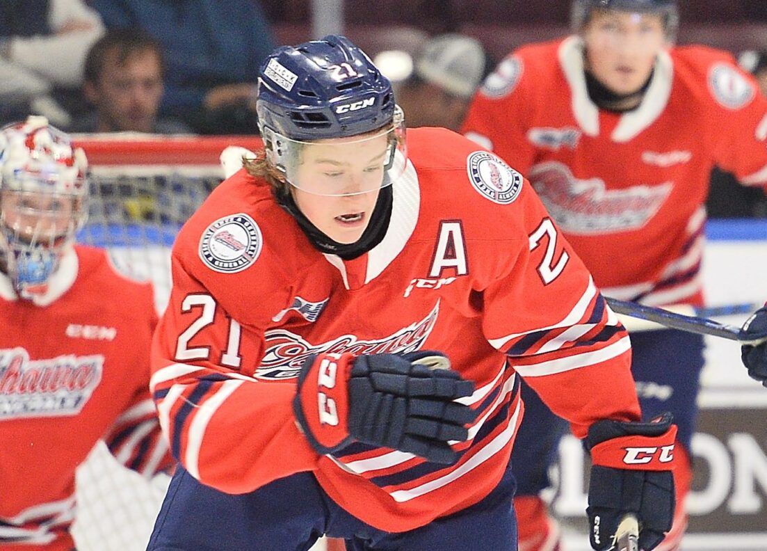 Calum Ritchie of the Oshawa Generals. Photo by Terry Wilson / OHL Images.